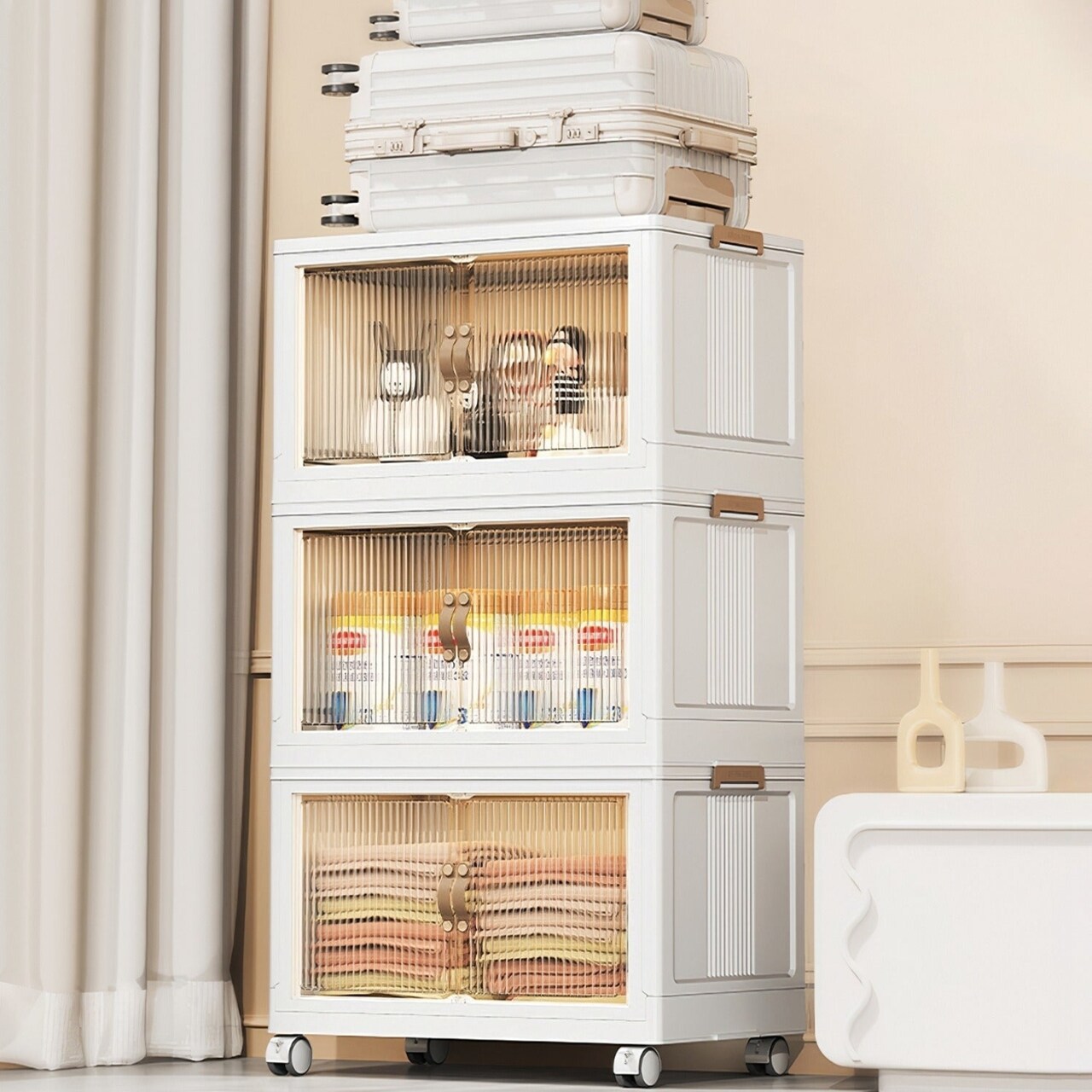 3Pcs Foldable Storage Bins With Lid Front Magnetic Door Collapsible Stackable Closet Organizer Containers With 4Pcs